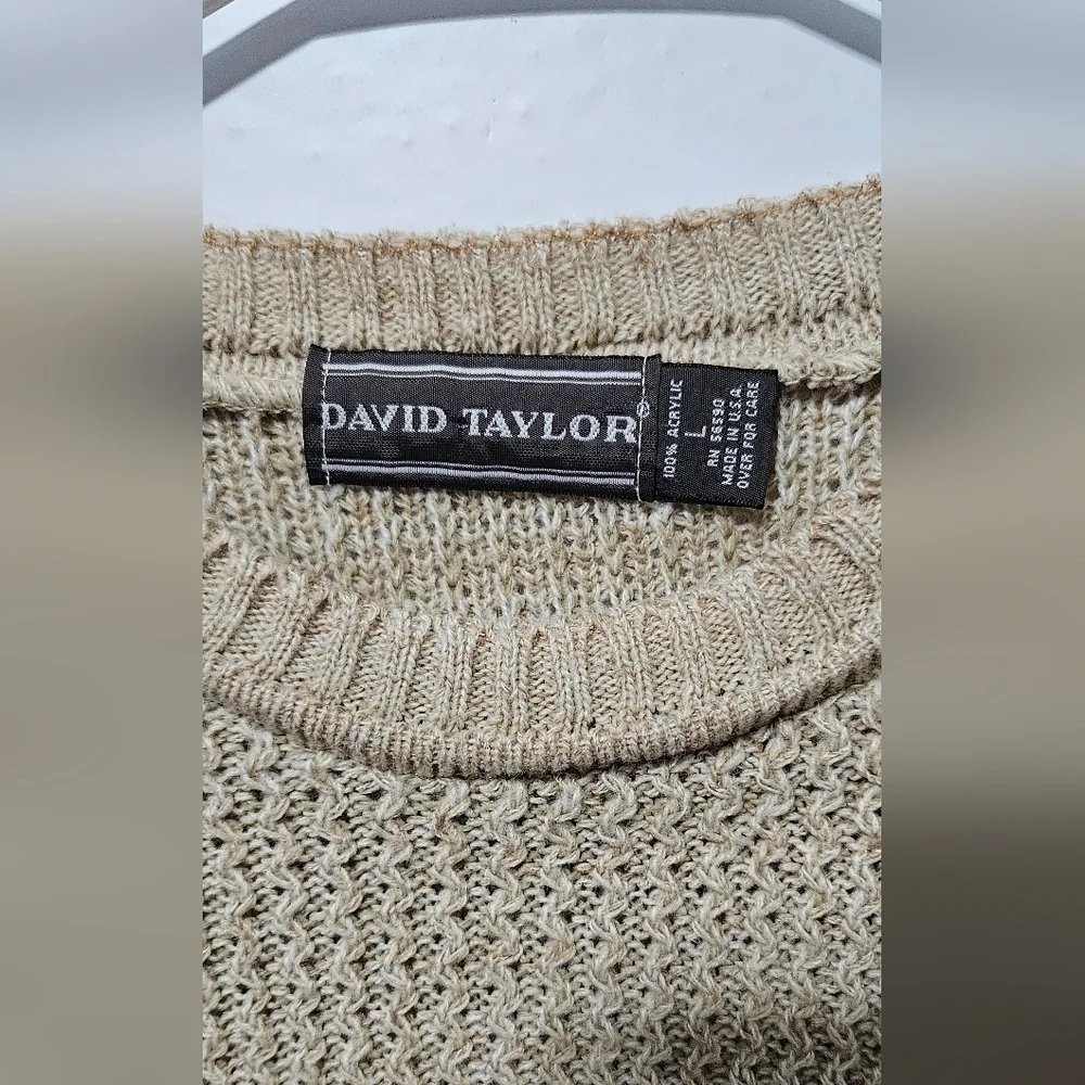 David Taylor Men's Tan Waffle Knit Pullover Sweater Sz L Made In USA Vintage B13